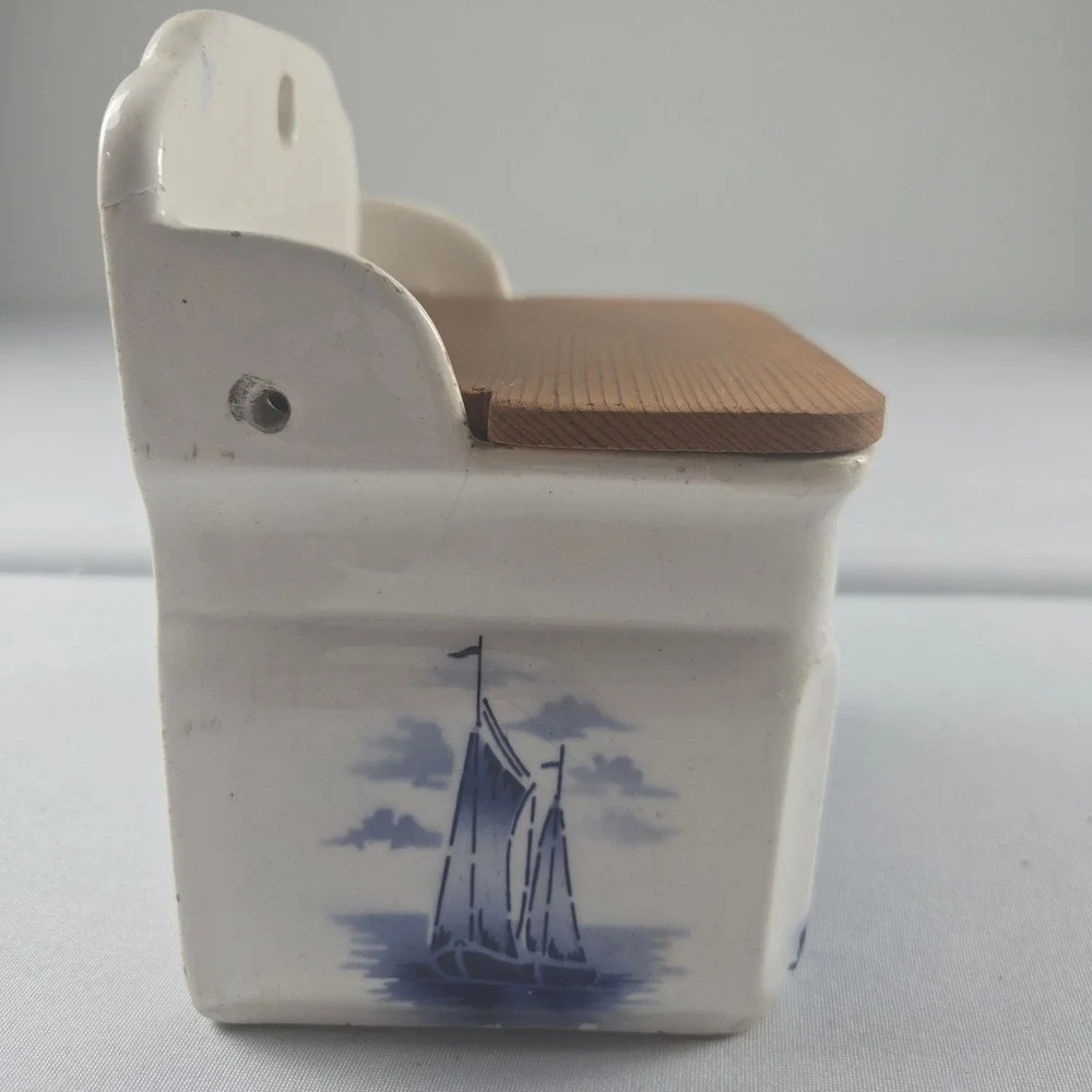Vintage Delft Blue Holland Wall Mount Salt Box Ceramic Wood Lid Windmill Decor